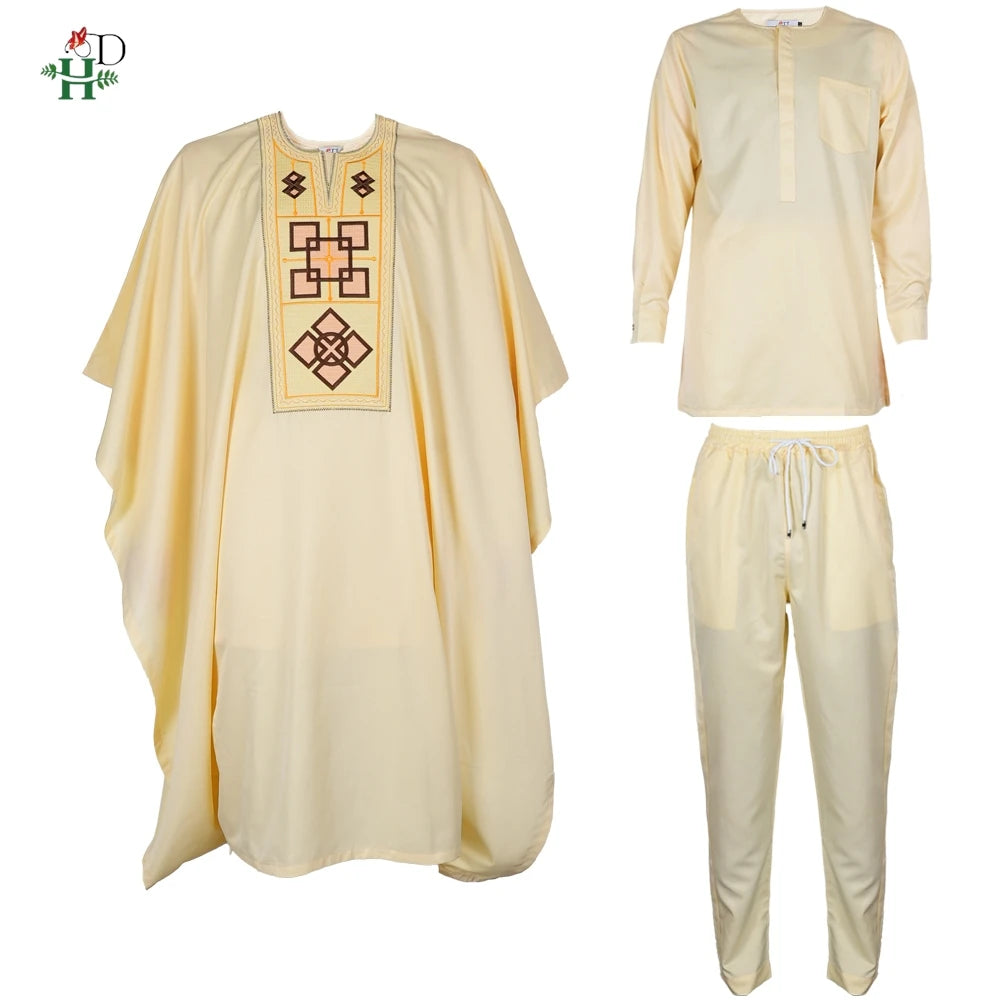 Conjunto H&D Africano de 3 Peças (Top e Calça) para Homens, Bordado Amarelo, Roupa Tradicional Africana para Uso Diário, Casamento, Festa, Tamanhos Grandes, 2026