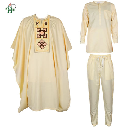 Conjunto H&D Africano de 3 Peças (Top e Calça) para Homens, Bordado Amarelo, Roupa Tradicional Africana para Uso Diário, Casamento, Festa, Tamanhos Grandes, 2026