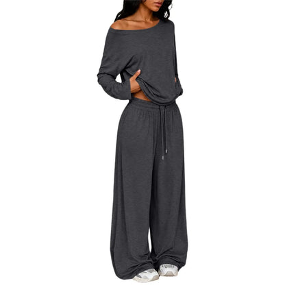 Conjunto Feminino de 2 Peças: Blusa Ombro a Ombro de Manga Longa Solta e Calça Pantalona com Cordão e Bolsos – Macio e Casual