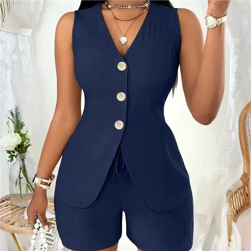 Conjunto Feminino Casual Spicy Girl 2026: Top Sem Mangas e Shorts com Cinto – Terno de Três Peças Moderno para Primavera, Verão e Outono