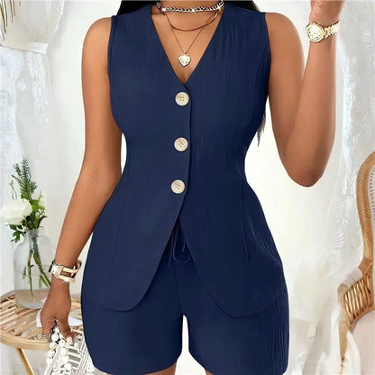 Conjunto Feminino Casual Spicy Girl 2026: Top Sem Mangas e Shorts com Cinto – Terno de Três Peças Moderno para Primavera, Verão e Outono
