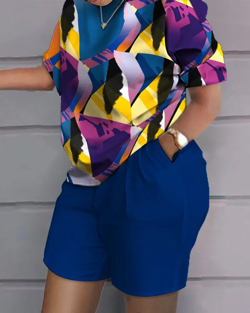 Conjunto de 2 peças de manga curta para mulheres, roupa casual, terno de bolso com estampa gradiente, camiseta feminina e shorts, verão, 2022