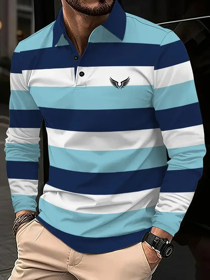 Classic minimalist striped long-sleeved men's polo shirt, fashionable autumn and winter men's casual golf oversized sportswear