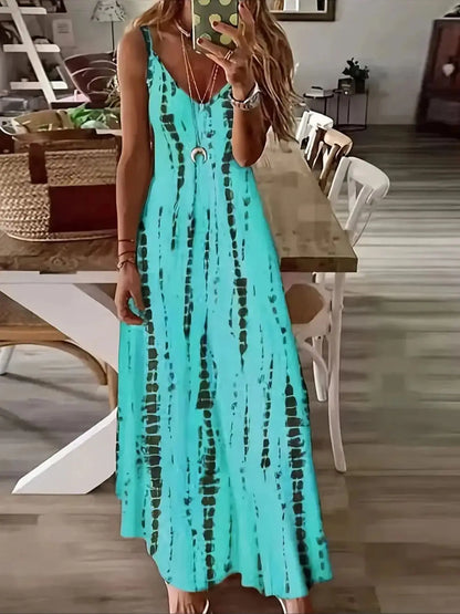 Feminino casual solto com decote em v tie dye impresso espaguete maxi vestido verão praia férias vestido longo