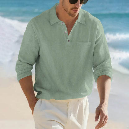 Camisa Masculina Casual de Linho e Algodão Leve com Lapela, Solta, Cor Sólida, Moda Primavera Outono, com Detalhe Decorativo na Gola