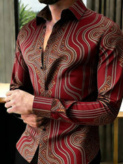 Nova camisa masculina de manga comprida com estampa geométrica dourada e detalhes em diamante, com caimento suave e lapela de cetim.