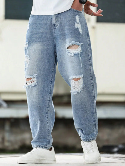 Calça Harém jeans rasgada azul masculina para primavera e outono. Moda de rua. Tendência Casual 。