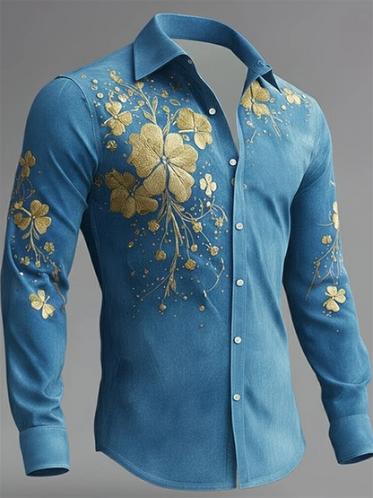 Nova camisa masculina de manga comprida com estampa 3D de trevo, padrão de alta qualidade, casual, com gola.