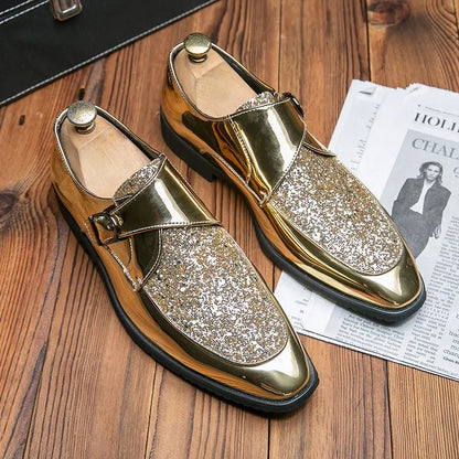 Sapatos masculinos casuais verão brilho ouro vestido de couro patente para homens mocassins de ouro negócios apontou bussiness luxo