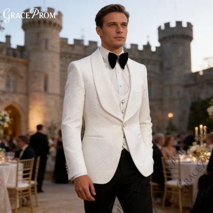 Elegante Terno Masculino Branco Geométrico Jacquard 3 Peças 2026 Formal com Lapela Xale para Noivo e Padrinhos – Ideal para Casamento, Baile de Formatura e Festas