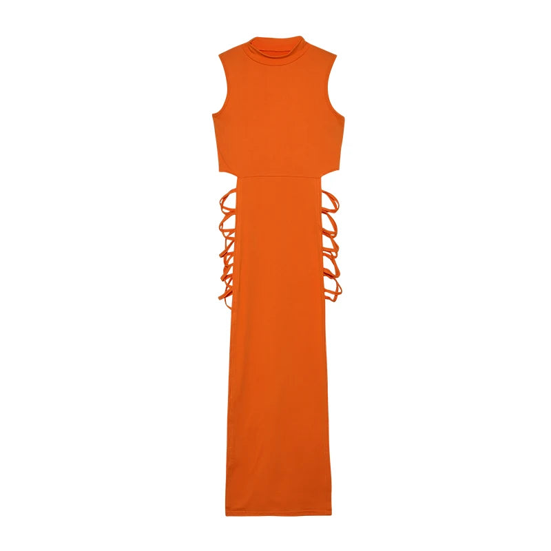Vestido das mulheres Criss Cross recortado, Bodycon sexy, pescoço simulado, sem mangas, roupas femininas