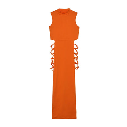 Vestido das mulheres Criss Cross recortado, Bodycon sexy, pescoço simulado, sem mangas, roupas femininas