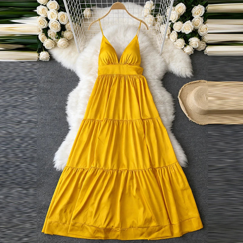 Vestido Feminino Elegante Sem Mangas, Liso, com Saia Ampla, Decote V Profundo, Cintura Alta, Costas Abertas, Sensual, para Festa na Praia e Verão