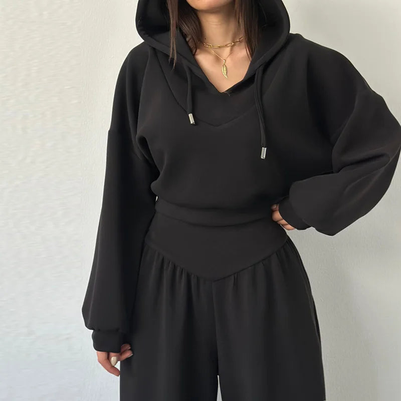 Casual sólido com capuz recortado moletom calça conjunto feminino solto com capuz cintura alta calças de perna larga 2026 primavera senhora chique outfit novo