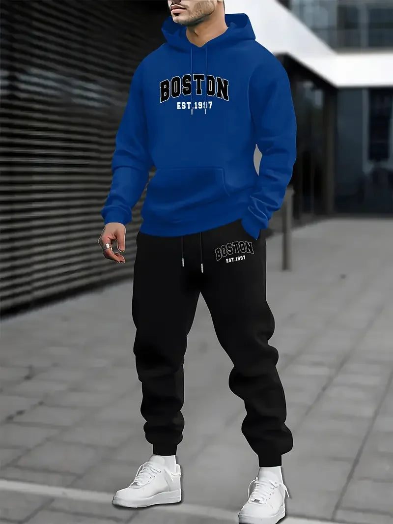 Men's Velvet Thickened Sports Set New York Letter Printed Spring and Autumn Hoodie Set Long Sleeve Casual Comfortable Pocket Hoo