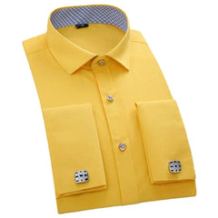 Qualidade frança abotoaduras homens vestido camisas botão turndown colarinho respirável fino ajuste festa de casamento smoking camisas hombre