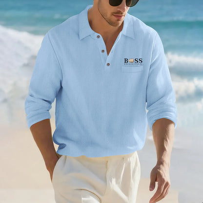 Camisa Masculina Casual de Linho e Algodão Leve com Lapela, Solta, Cor Sólida, Moda Primavera Outono, com Detalhe Decorativo na Gola