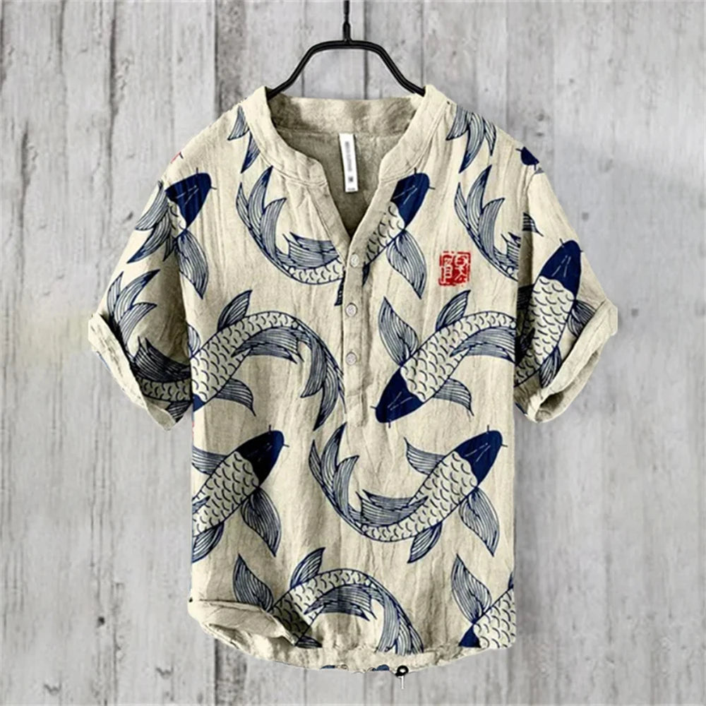 Camisa Polo Masculina de Manga Curta com Estampa de Carpa Japonesa Retro Ukiyo-E, Confortável e de Alta Qualidade