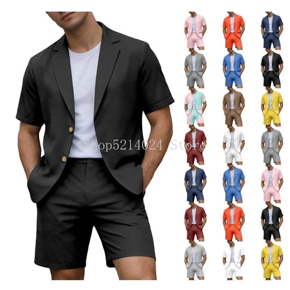 Conjuntos para Homens Blazer de Manga Curta e Calças Curtas Leves para Casamento, Festa, Negócios e Trajes Formais
