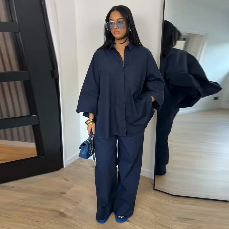 Fashion Solid Long Pants Set Women Chic Lapel Single Breasted Shirt High Waist Wide Leg Trousers 2026 Spring Summer 2 Pcs Outfit