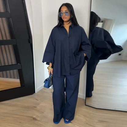 Fashion Solid Long Pants Set Women Chic Lapel Single Breasted Shirt High Waist Wide Leg Trousers 2026 Spring Summer 2 Pcs Outfit