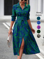 Elegante impressão aleatória botão para baixo camisa vestido feminino manga longa com cinto cintura midi vestido primavera outono escritório vestido casual