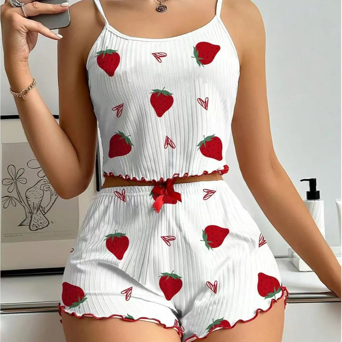 Conjunto de Pijama Feminino com Shorts, Roupa de Casa, Lingerie Sexy, Camisolas, Camisetas, Roupas de Dormir para Mulheres
