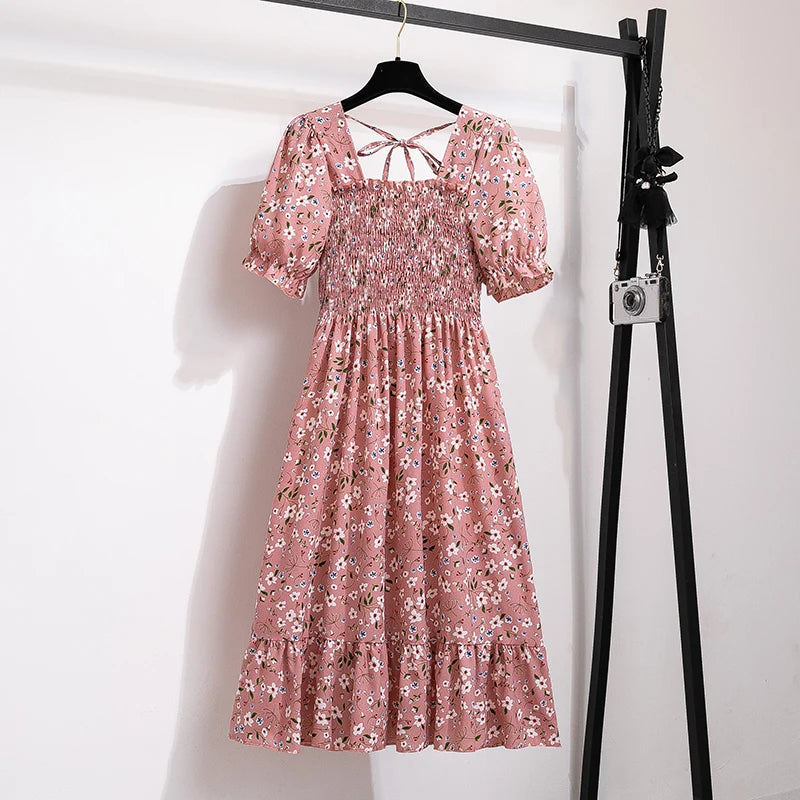 Verão plissado mulheres vestidos de chiffon casual praia férias manga curta gola quadrada mulher midi vestido boêmio mujer vestidos