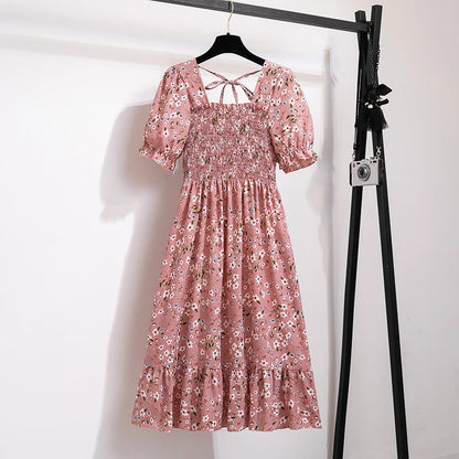 Verão plissado mulheres vestidos de chiffon casual praia férias manga curta gola quadrada mulher midi vestido boêmio mujer vestidos
