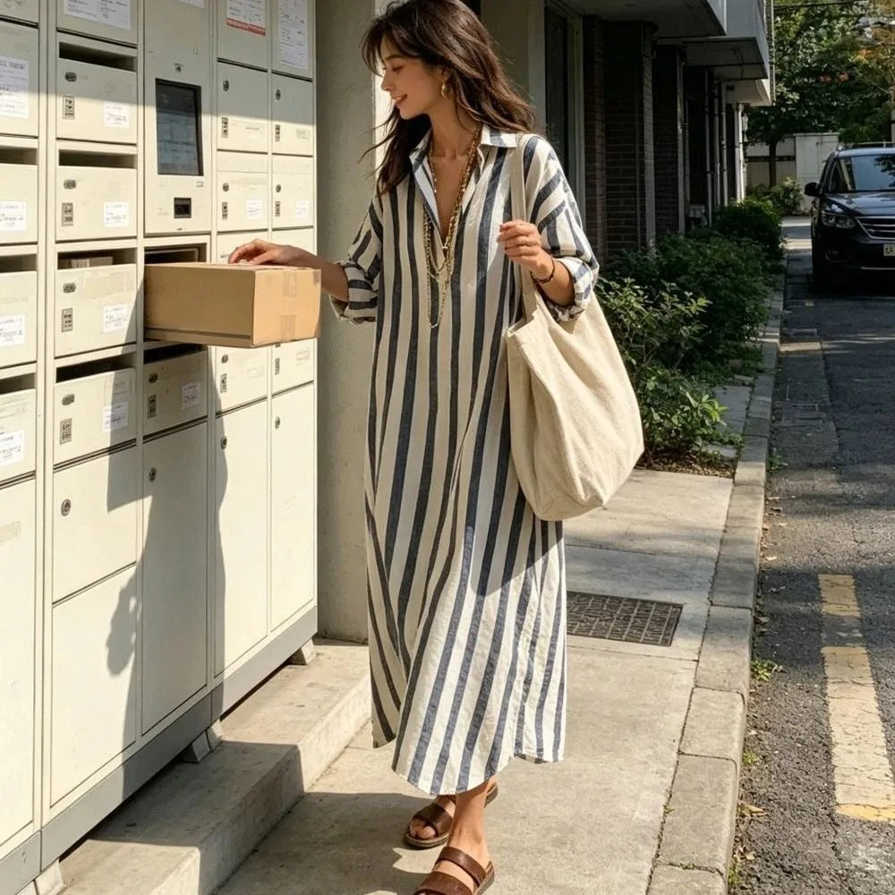 Novos Vestidos Listrados de Manga Longa, Vestido Camisa Solto com Decote em V, Saia Longa Boho para Mulheres, Primavera Verão