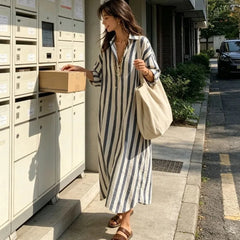 Novos Vestidos Listrados de Manga Longa, Vestido Camisa Solto com Decote em V, Saia Longa Boho para Mulheres, Primavera Verão
