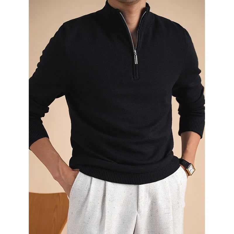 Camiseta Masculina Slim Fit de Manga Longa em Tricô com Gola Alta Estilo Casual para Outono e Inverno em Cor Sólida e Anti-Bolinhas