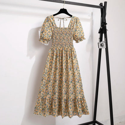 Verão plissado mulheres vestidos de chiffon casual praia férias manga curta gola quadrada mulher midi vestido boêmio mujer vestidos