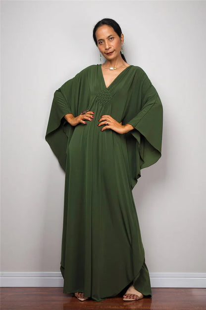 Vestidos caftan plus size para mulheres, cor sólida, plus size, vestido de praia, decote em v, solto, macio, caftan, loungewear