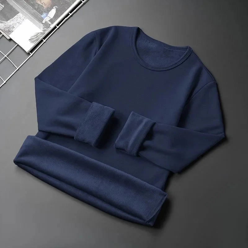 Forro de lã masculino engrossado manga longa camiseta em torno do pescoço base camisa roupas outono inverno manga longa respirável casual wear