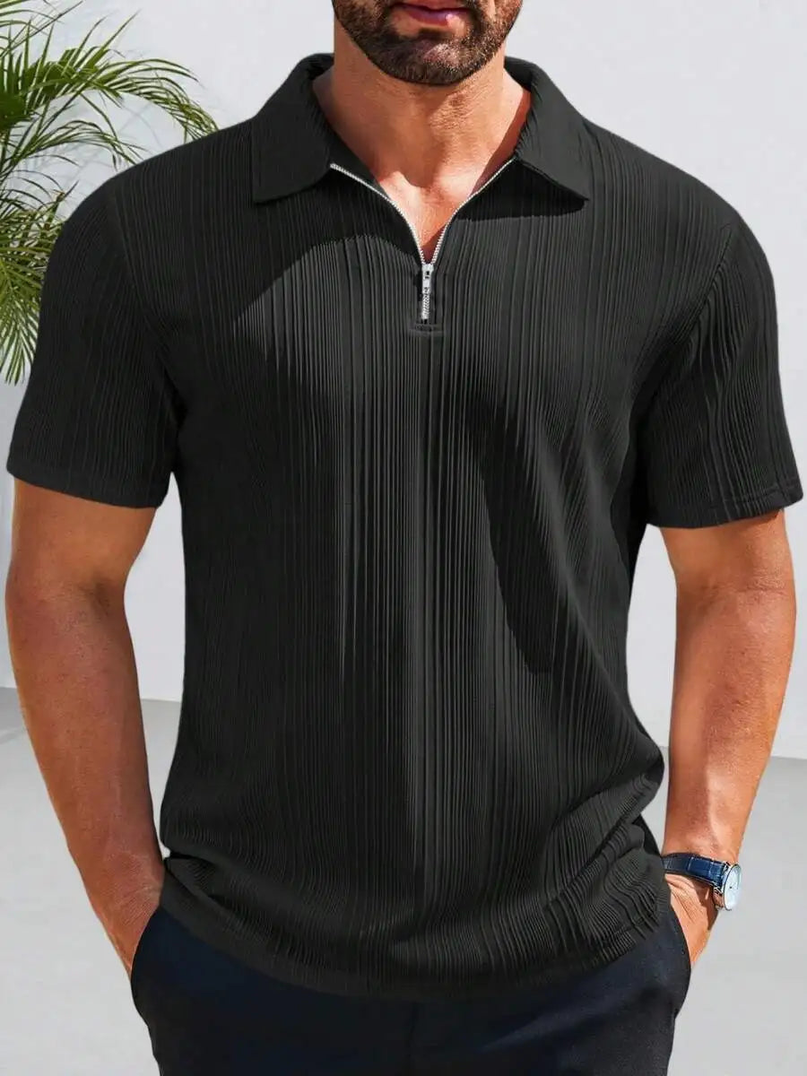Camisa Masculina com Zíper Frontal, Malha Texturizada, Manga Curta, Casual, Leve, para Golfe
