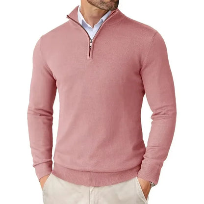 Suéter masculino com zíper de quarto, slim fit, leve, pulôver ao ar livre, gola simulada, meia gola alta, malha, streetwear