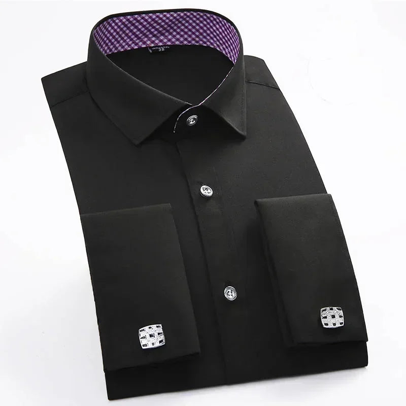 Qualidade frança abotoaduras homens vestido camisas botão turndown colarinho respirável fino ajuste festa de casamento smoking camisas hombre