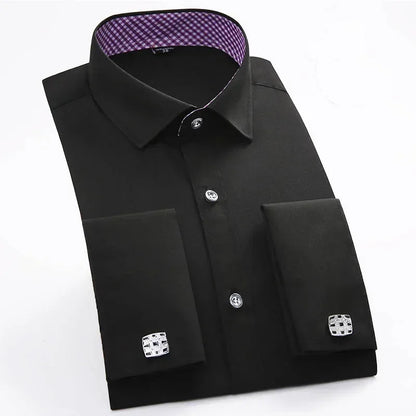 Qualidade frança abotoaduras homens vestido camisas botão turndown colarinho respirável fino ajuste festa de casamento smoking camisas hombre