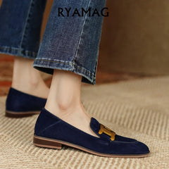 Ryamag mocassins femininos novos sapatos planos retro triunfo deslizamento-em mocassins femininos cabeça quadrada sapatos planos de salto baixo luxo