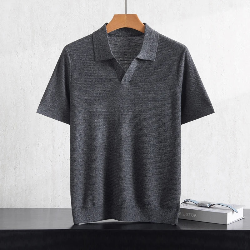 Camiseta Polo Masculina Nova de Verão 100% Liocel, Gola Polo, Cor Sólida, Malha Fina, Pulôver Casual de Negócios, Manga Curta
