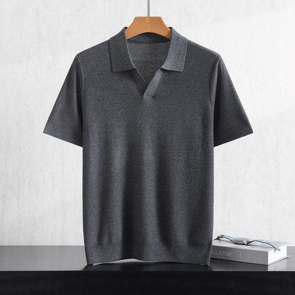 Camiseta Polo Masculina Nova de Verão 100% Liocel, Gola Polo, Cor Sólida, Malha Fina, Pulôver Casual de Negócios, Manga Curta