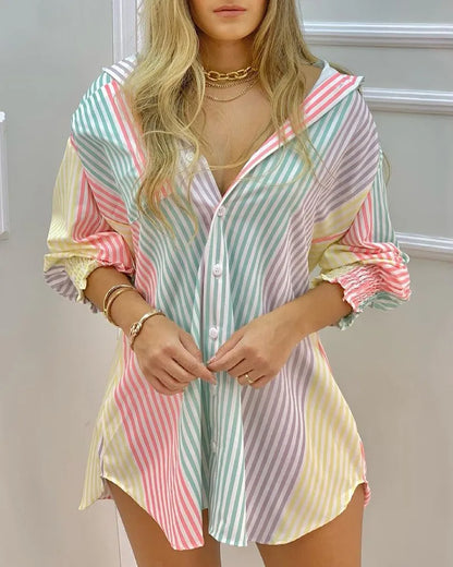 Camisa Feminina Casual de Manga Longa com Gola e Botões, Estampa Listrada em Blocos de Cores Pastel, Blusa Túnica para o Dia a Dia