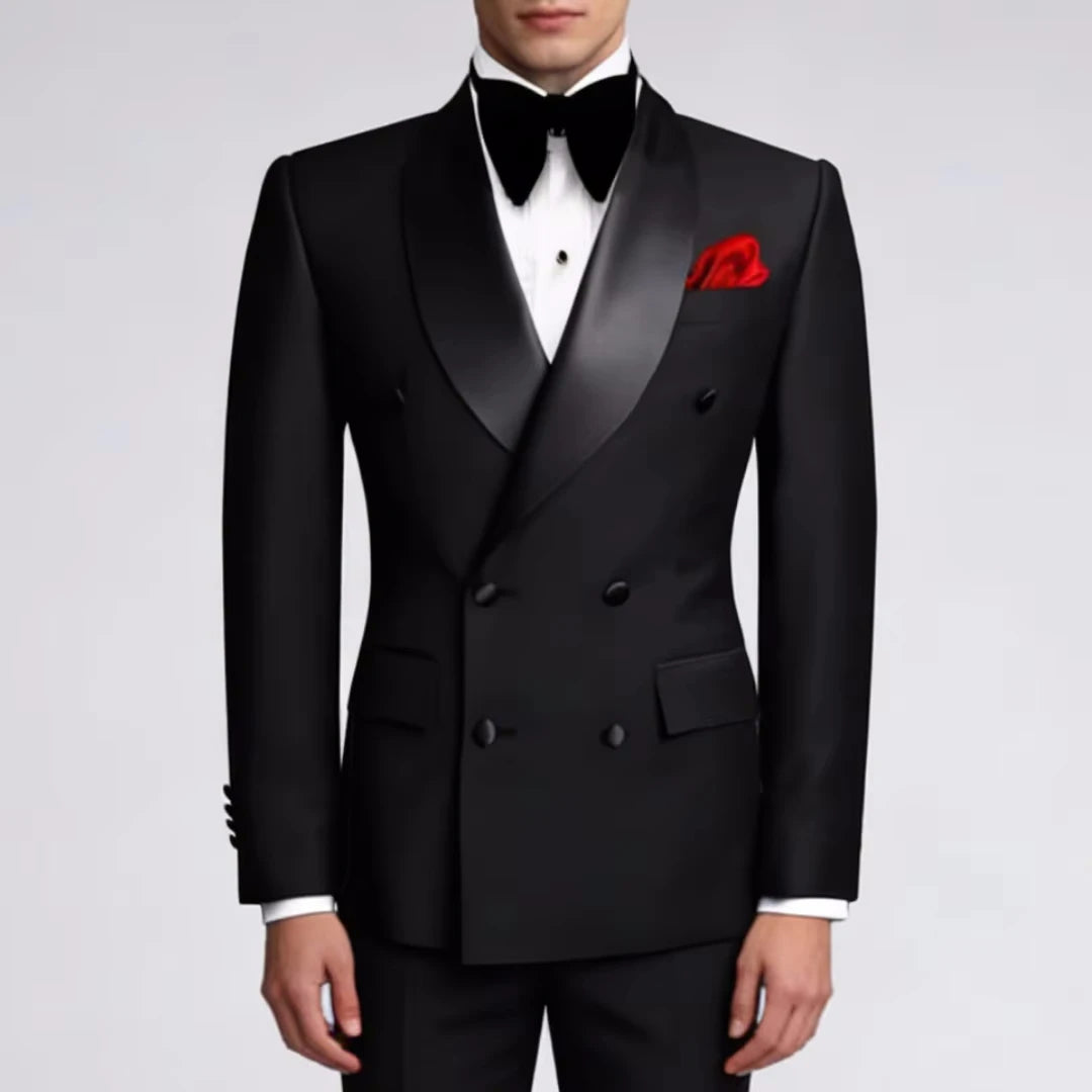 Terno masculino preto, 2 peças, botão duplo com lapela preta, para casamento, noivo, negócios, aniversário, banquete, trabalho, jaqueta e calças