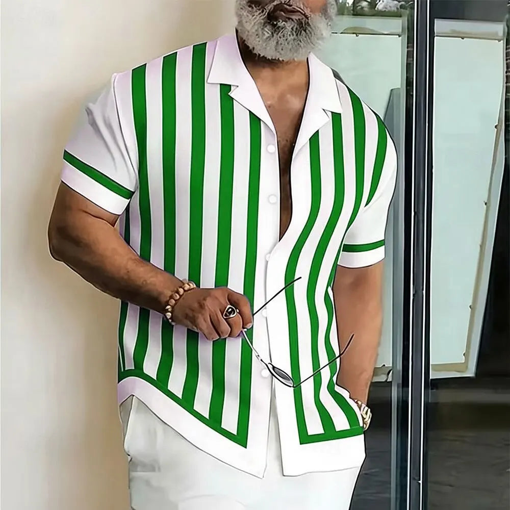 Camisa Masculina de Manga Curta com Botões, Estampa 3D Geométrica Listrada, Estilo Casual de Negócios, Férias de Primavera e Verão