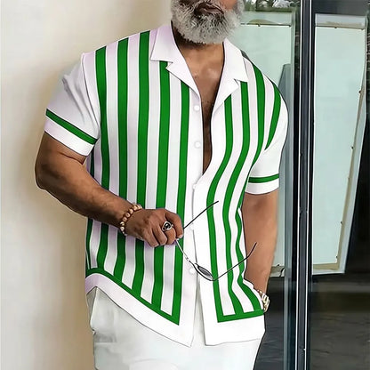 Camisa Masculina de Manga Curta com Botões, Estampa 3D Geométrica Listrada, Estilo Casual de Negócios, Férias de Primavera e Verão