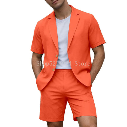 Conjuntos para Homens Blazer de Manga Curta e Calças Curtas Leves para Casamento, Festa, Negócios e Trajes Formais