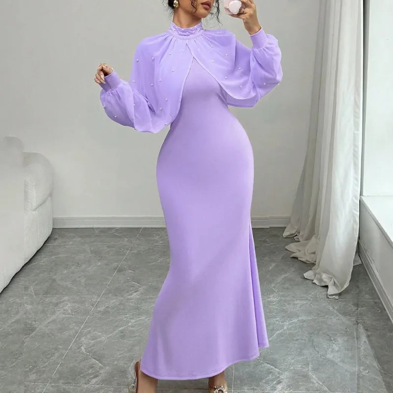 Vestido Longo Feminino de Festa com Gola Alta, Miçangas e Patchwork em Tule, Modelo Evasê, Coleção Primavera 2026