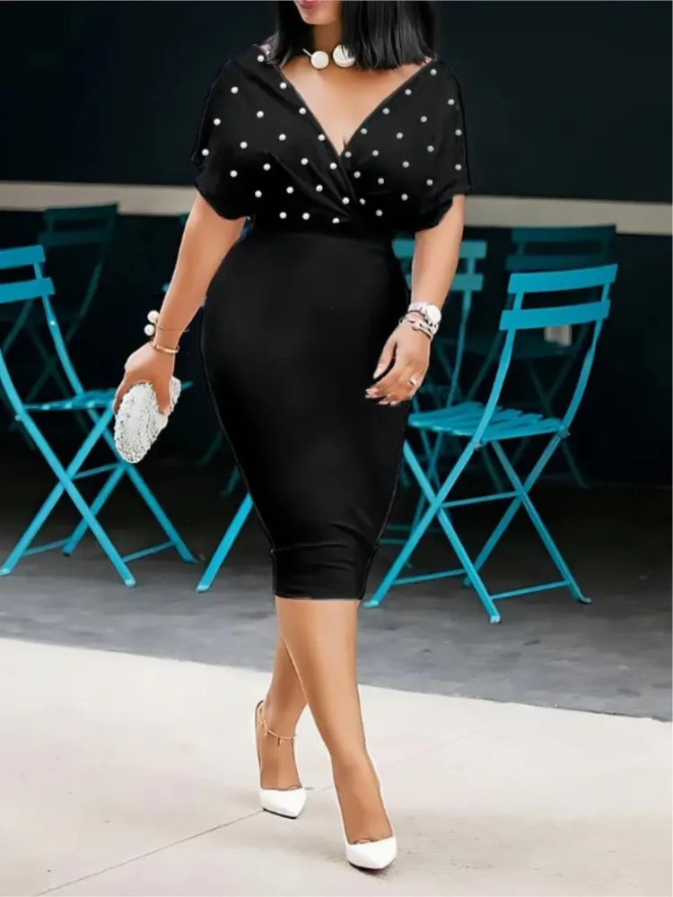 Moda vestido de festa para wonen sexy decote em v pacote hip vestidos elegantes 2025 srping verão senhora cor sólida magro escritório midi vestido
