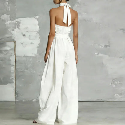 Macacão Feminino Novo de Primavera com Decote Halter, Renda Vazada, Cintura Alta, Sem Mangas, Bolsos e Pernas Largas - Perfeito para o Verão